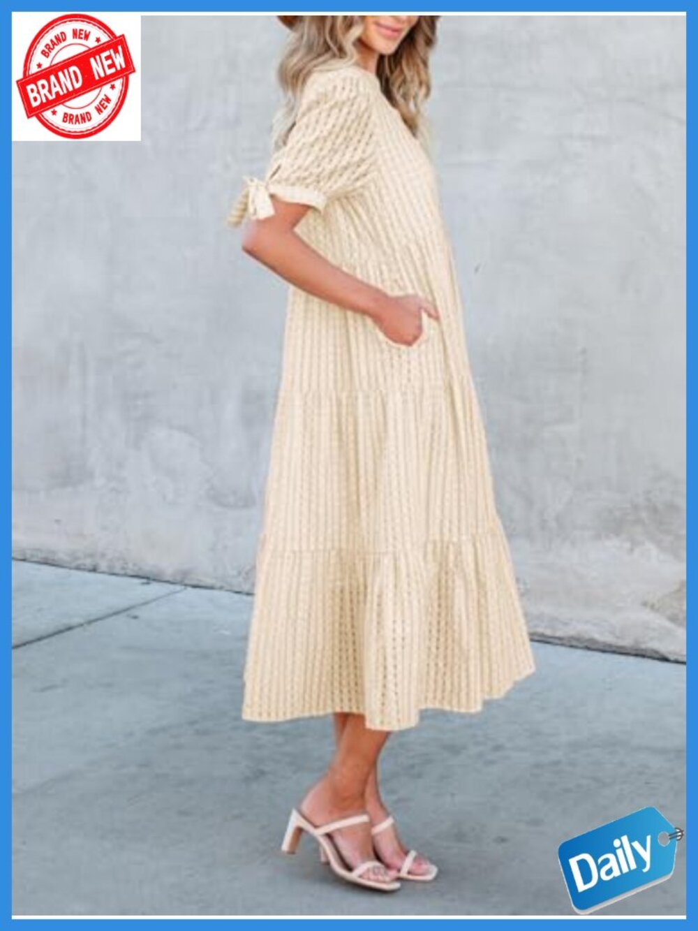 Women's V-Neck Empire Waist Midi Dress: Short Puff Sleeve Tiered Gingham - Picture 2 of 6